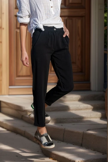 Siyah Yüksek Bel Cepli Piliseli Duble Paça Pantolon BCBSK-25700-3173