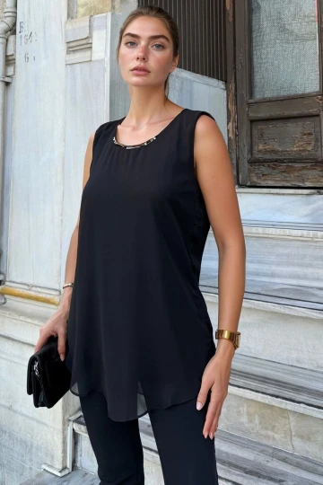 Siyah Yumuşak Dokulu Kolsuz Bluz BCBSK-25700-3090