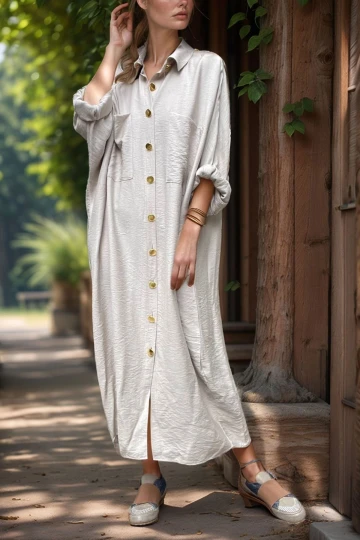 Taş Keten Yarasa Kol Salaş Cepli Gömlek Elbise BCBSK-25700-3282