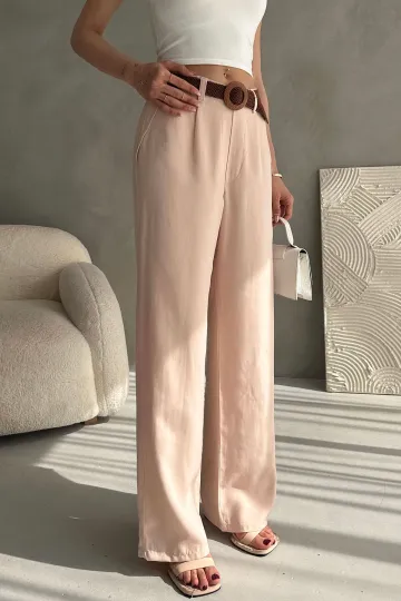 Toz Pembe Beli Kemerli Keten Pantolon