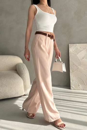 Toz Pembe Beli Kemerli Keten Pantolon BCDF-241103