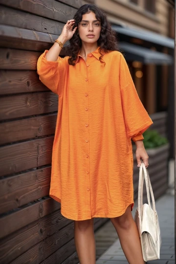 Turuncu Keten Görünümlü Truvakar Kol Salaş Gömlek Elbise BCBSK-25700-3582
