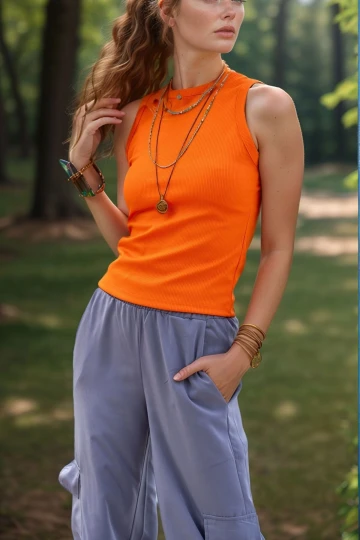 Turuncu Kolsuz Likralı Fitilli Basic Tshirt BCBSK-25700-3590