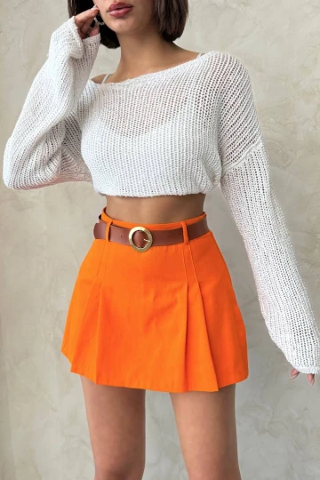 Turuncu Pileli Dokuma Gabardin Şort Etek (Kemer Hediyeli) BCHN-25252001