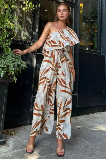 Turuncu Tek Omuzlu Fırfırlı Cepli Beli Lastikli Kuşaklı Bol Paça Tulum BCBSK-25700-3648