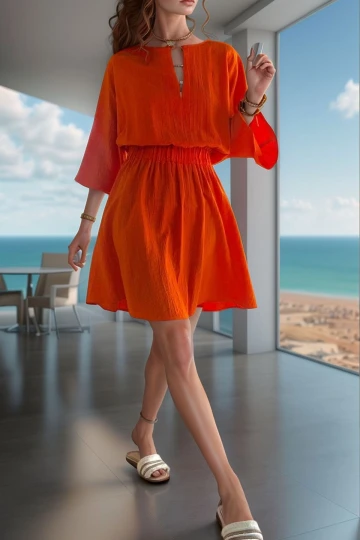 Turuncu Yakası Yırtmaçlı Beli Lastikli Yarasa Kol Yumuşak Dokulu Salaş Elbise BCBSK-25700-3654