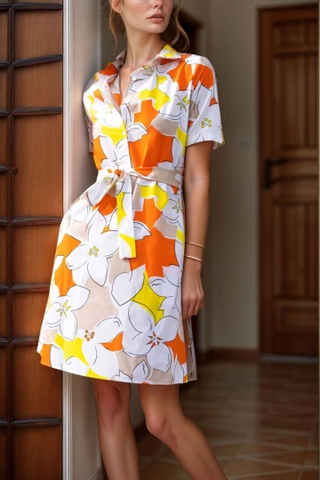 Turuncu Yarım Patlı Desenli Kendinden Kemerli Poplin Elbise BCBSK-25700-3226