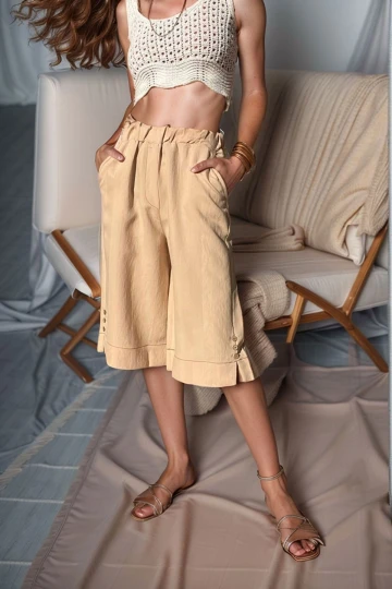 Vizon Beli Lastikli Kendinden Dokulu Yanı Düğmeli Cepli Bermuda Şort BCBSK-25700-3146