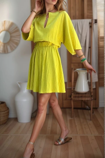 Yağ Yeşili Yakası Yırtmaçlı Beli Lastikli Yarasa Kol Yumuşak Dokulu Salaş Elbise BCBSK-25700-3654