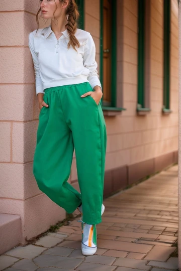 Yeşil Gabardin Beli Lastikli Cepli Salaş Pantolon BCBSK-25700-3475