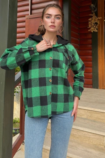 Zümrüt Yeşil Kapüşonlu Oversize Uzun Kollu Gömlek BCBSK-25700-3667