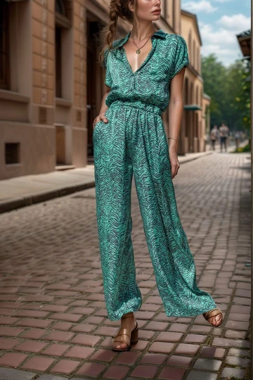 Zümrüt Yeşil Saten Beli Lastikli Cepli Bol Paça Tulum BCBSK-25700-3235