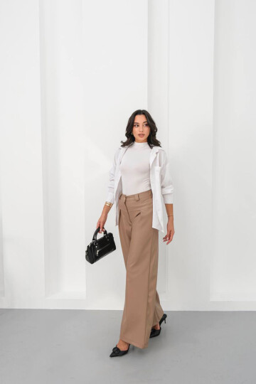 Bej Geniş Paça Suni Deri Pantolon BCHN-25263644