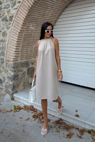 Bej Gizli Cepli Yazlık Keten Dokuma Elbise BCDF-25255029