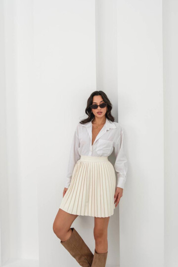 Bej Piliseli Yüksek Bel Etek BCHN-25261564