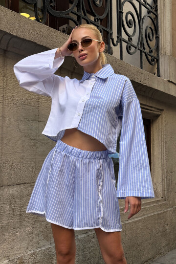 Beyaz Çizgili İspanyol Kol Spor Şık Tasarım Etek Şort Gömlek Takım BCPK-25MMYG1348