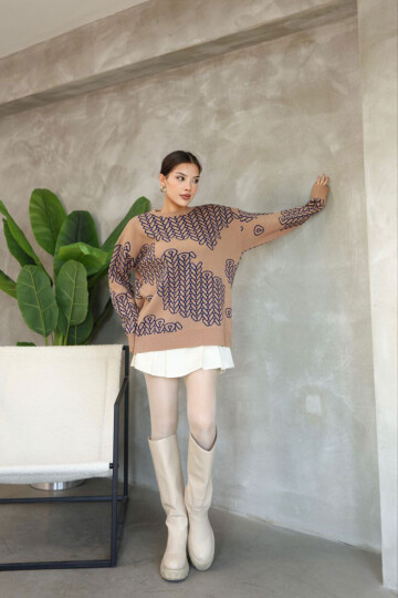 Bisküvi Bisiklet Yaka Desenli Triko Kazak BCES-252046