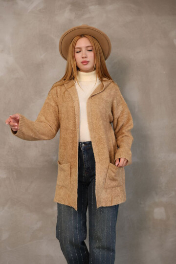 Bisküvi Kapüşonlu Çift Cepli Yumuşak Dokulu Triko Hırka BCES-252016