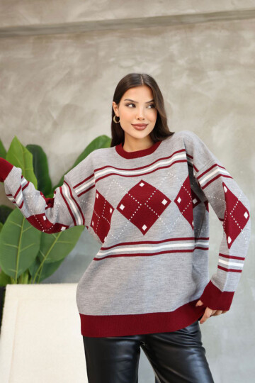 Bordo Bisiklet Yaka Desenli Triko Kazak BCES-252015