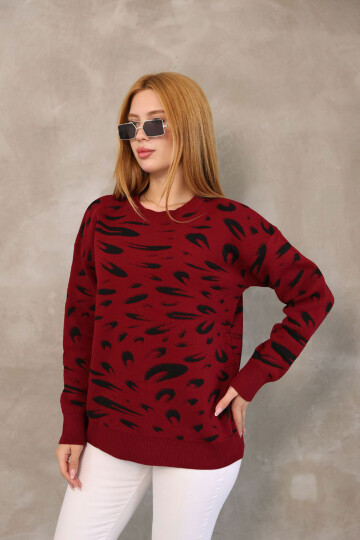 Bordo Bisiklet Yaka Desenli Triko Kazak BCES-252032