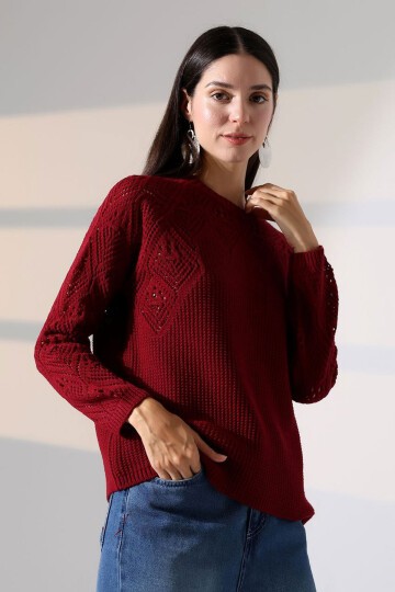 Bordo Bisiklet Yaka Motif İşlemeli Triko Kazak