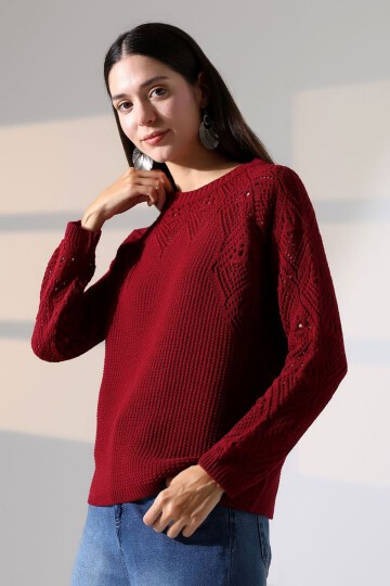 Bordo Bisiklet Yaka Motif İşlemeli Triko Kazak