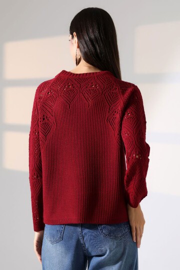 Bordo Bisiklet Yaka Motif İşlemeli Triko Kazak