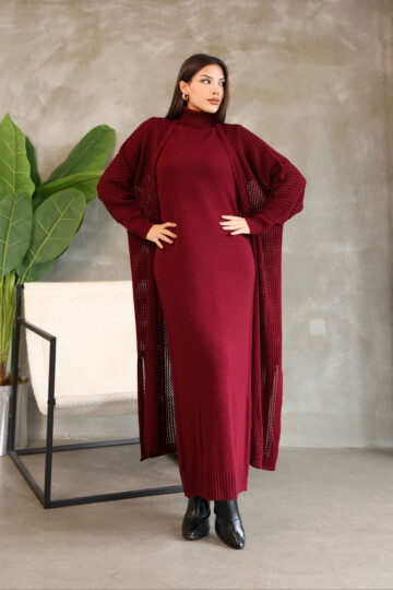 Bordo Boğazlı Uzun Kol Triko Elbise Ve Uzun Hırka Tesettür Alt Üst Triko Takım BCES-252039