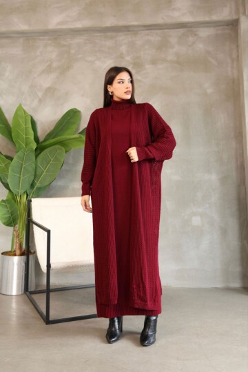 Bordo Boğazlı Uzun Kol Triko Elbise Ve Uzun Hırka Tesettür Alt Üst Triko Takım