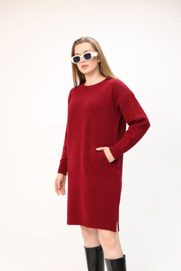 Bordo Çift Cepli Bisiklet Yaka Tunik Elbise BCES-252022-1