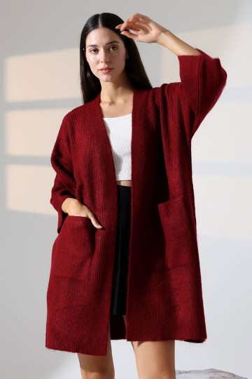 Bordo Çift Cepli Yarım Kol Uzun Boy Triko Hırka