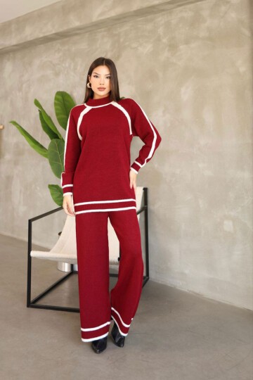 Bordo Çizgi Detaylı Bisiklet Yaka Tunik Ve Geniş Paça Triko Alt Üst Takım