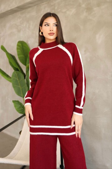 Bordo Çizgi Detaylı Bisiklet Yaka Tunik Ve Geniş Paça Triko Alt Üst Takım