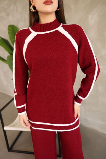 Bordo Çizgi Detaylı Bisiklet Yaka Tunik Ve Geniş Paça Triko Alt Üst Takım