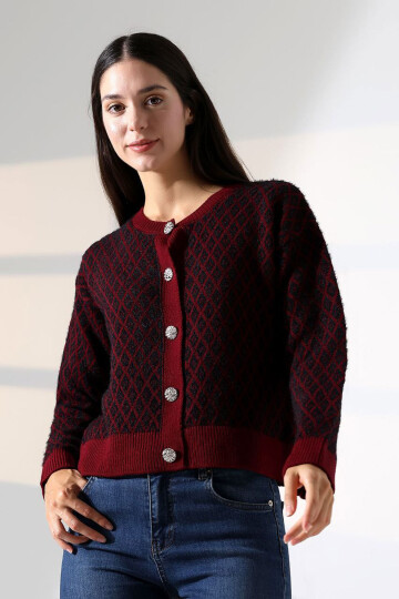 Bordo Kare Çizgi Desenli Düğmeli Triko Hırka BCES-252004