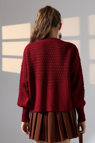 Bordo Motif Desenli Düğmeli Triko Hırka