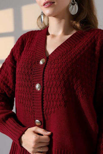Bordo Motif Desenli Düğmeli Triko Hırka