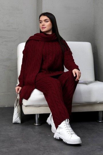 Bordo Örgü Motifli Kazak Hırka Ve Pantolon 3 Lü Triko Takım