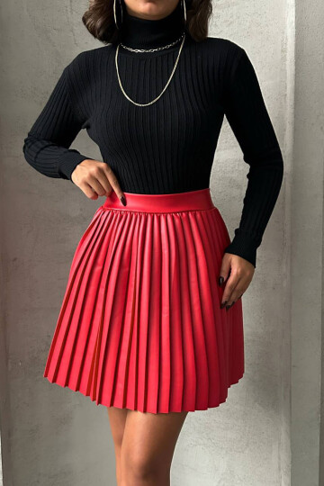 Bordo Piliseli Yüksek Bel Etek BCHN-25261564