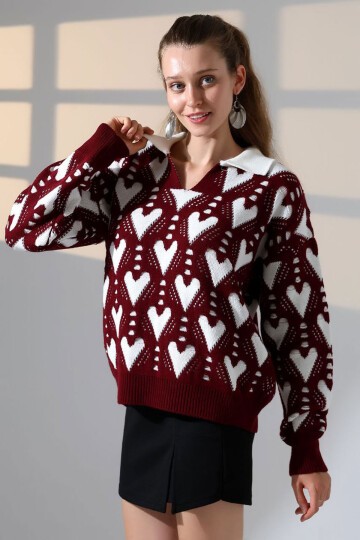Bordo Polo Yaka Kalp Desenli Triko Kazak