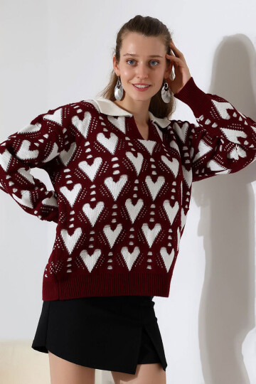 Bordo Polo Yaka Kalp Desenli Triko Kazak BCES-252026
