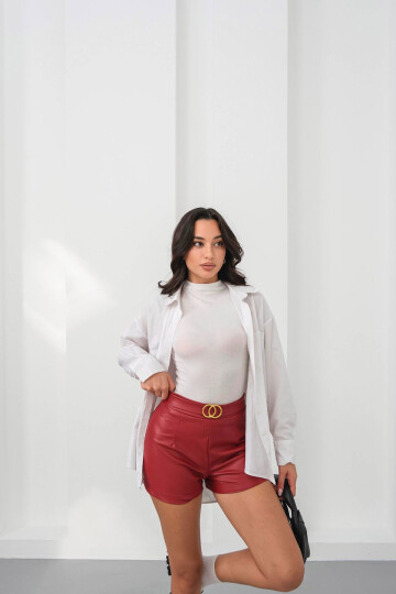 Bordo Tokalı Suni Deri Şort BCHN-2526444