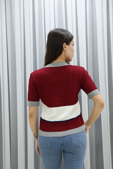 Bordo V Yaka Renk Bloklu Düğmeli Triko Bluz