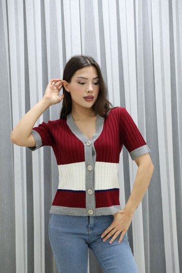 Bordo V Yaka Renk Bloklu Düğmeli Triko Bluz