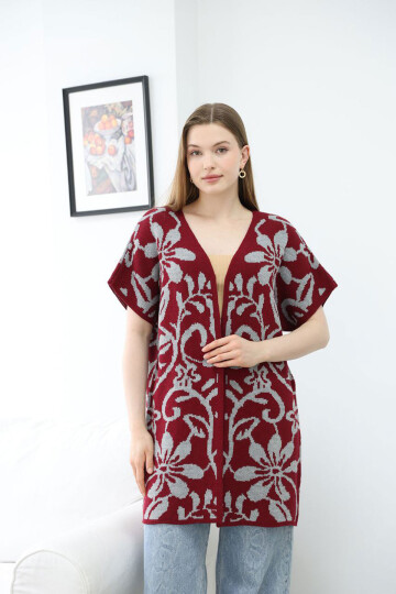 Bordo Yarım Kol Desenli Triko Hırka BCES-252007