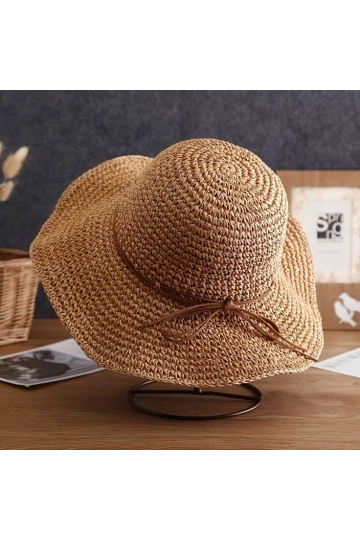 Camel El Örgülü İp Detaylı Geniş Hasır Şapka BCNSV-2514632