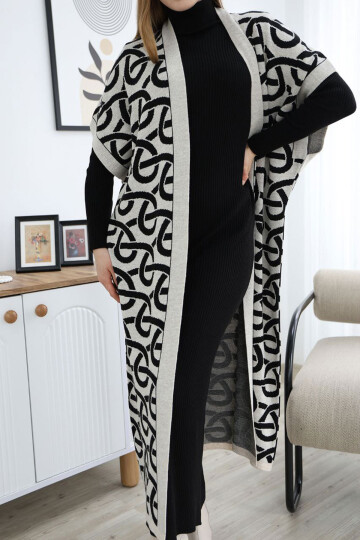 Ekru Boğazlı Triko Elbise Ve Uzun Desenli Hırka Alt Üst Takım BCES-252040