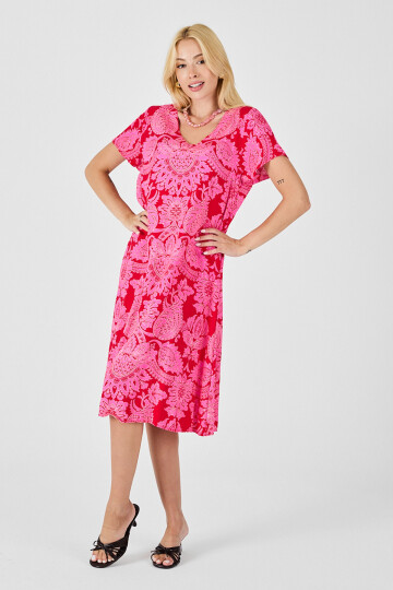 Fuşya Desenli V Yaka Kısa Kollu Midi Boy Elbise BCVL-254015