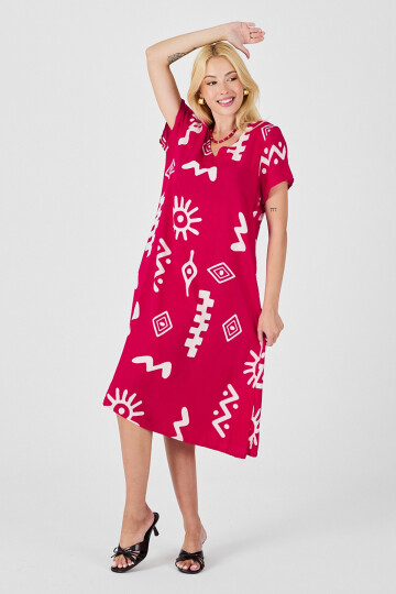 Fuşya Desenli V Yaka Kısa Kollu Yırtmaçlı Midi Boy Elbise BCVL-254013