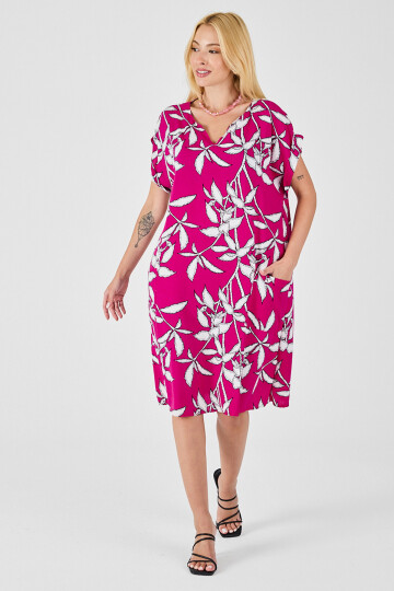 Fuşya Tropik Desenli V Yaka Oversize Midi Elbise BCVL-254021